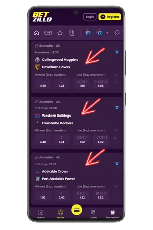 Sports betting options at Betzillo Casino