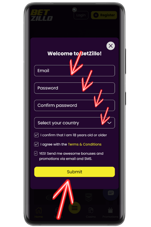 Entering data for registering at Betzillo Casino